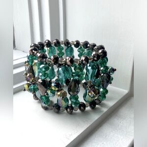 Beaded Cuff Bracelet OS Stretch Expansion Multi-strand Iridescent Crystal Boho